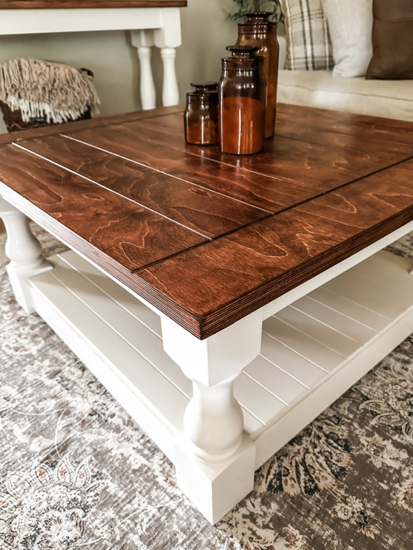 Square Coffee Table with Chunky Baluster Legs in Warm Wood