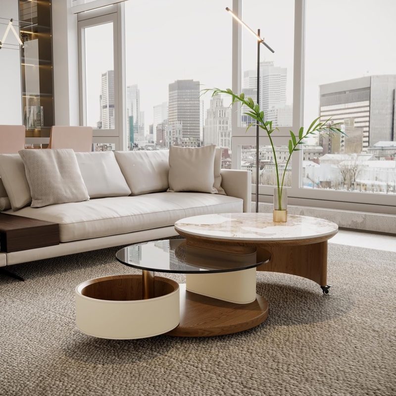 Square Coffee Table with Raised Edge, Walnut Finish and Storage Drawer