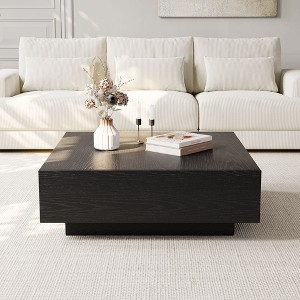 Square Coffee Table with Recessed Base, Matte Black Minimalist Storage