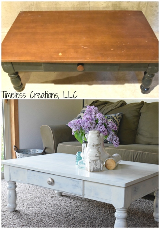 Square Coffee Table with Slatted Storage Shelf in Distressed Cream