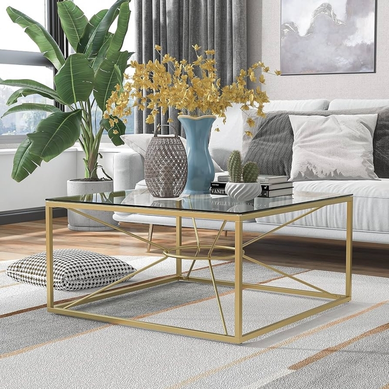 Square Coffee Table with Two-Tier Glass and Gold Coated Steel Frame