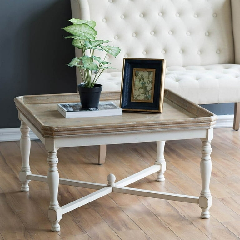 Square Coffee Table with X-Frame Legs, Distressed White Tray Top. Farmhouse living room.