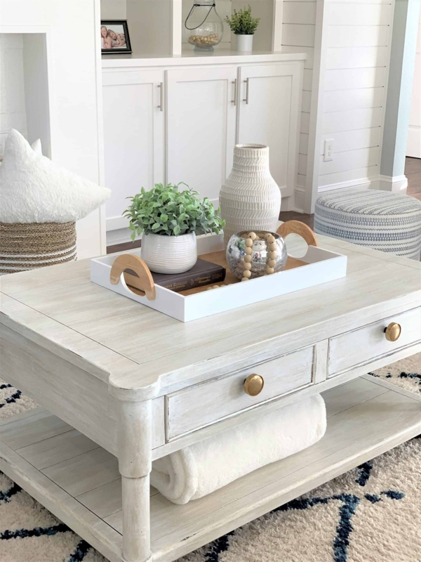 Square Coffee Table X Brace Sides Lower Shelf White Coastal Farmhouse