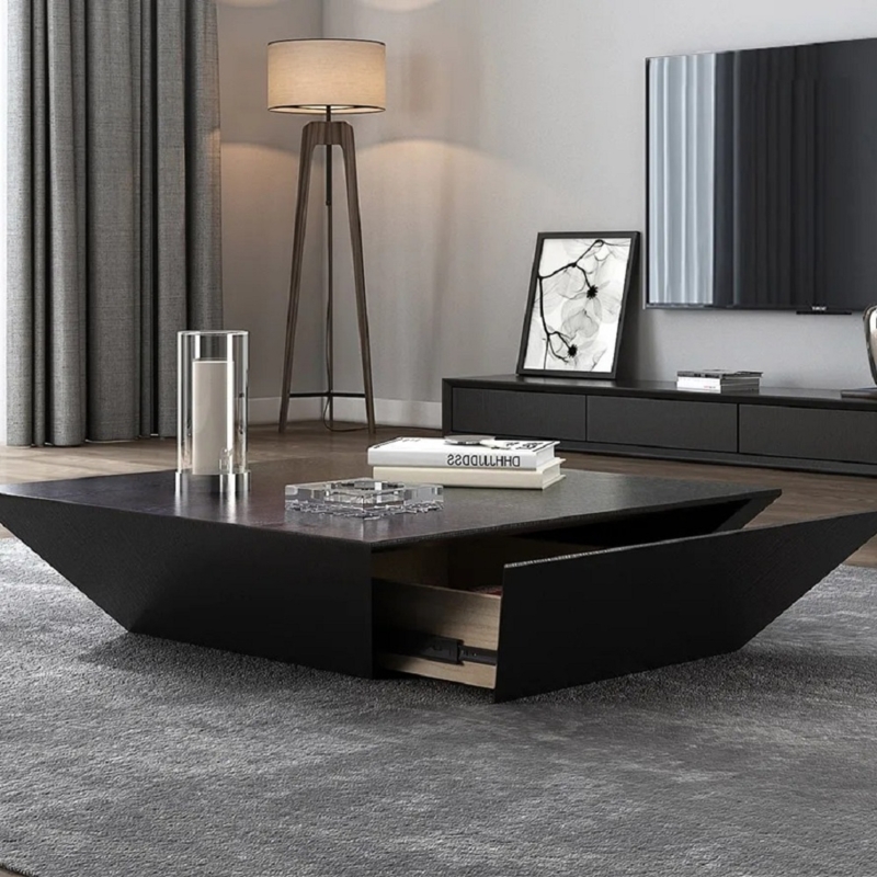Square Drum Coffee Table with Storage Drawer Ribbed Texture