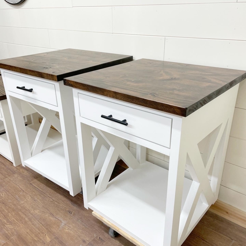 Square End Table Dark Brown Chunky Legs X-Brace Farmhouse
