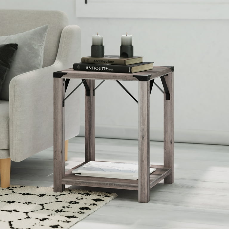 Square End Table Gray Wash Metal Corners X-Brace Sides Two-Tier Wood