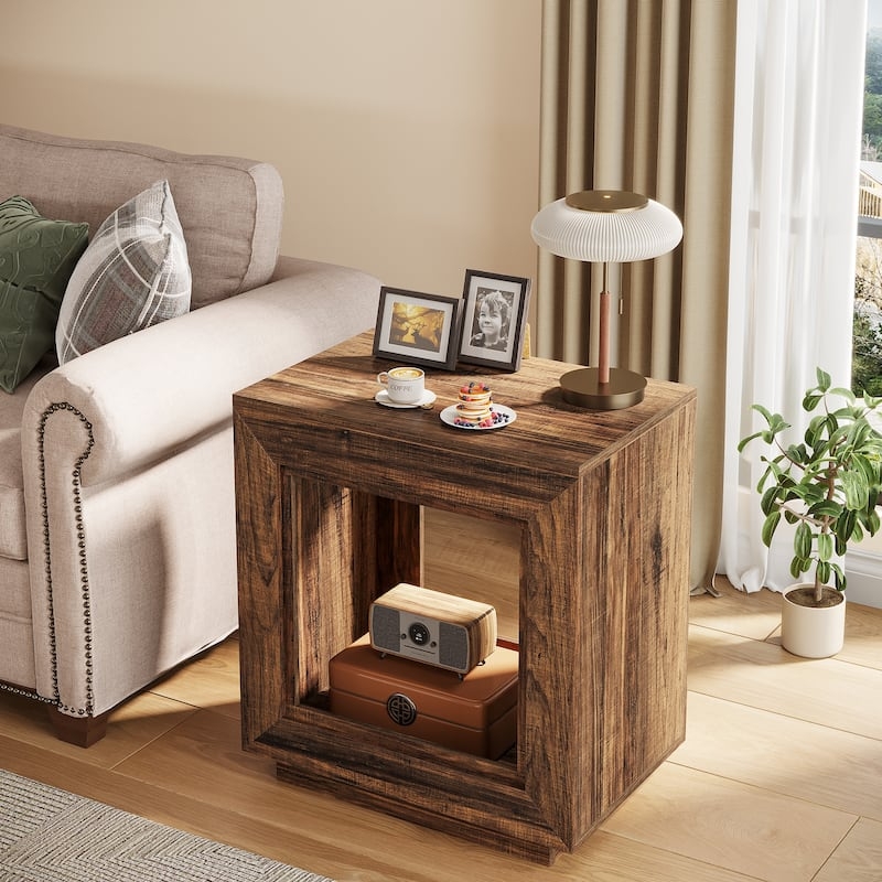 Square End Table with Two-Tier Design in Dark Brown Finish