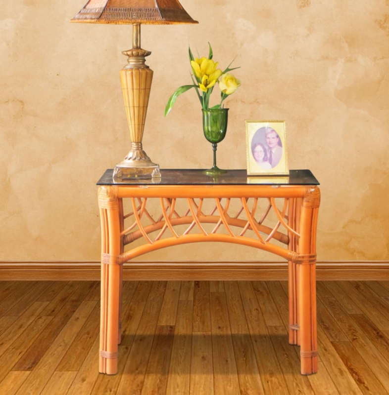 Square End Table with Woven Rattan Lattice Base and Glass Top