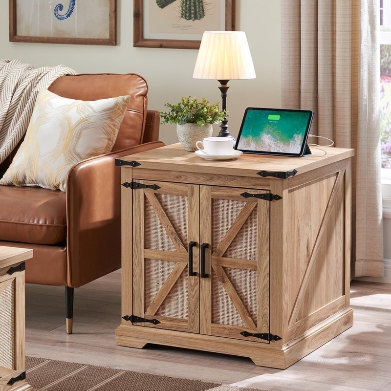 Square End Table Wood Rattan Cabinet Door With Charging Station