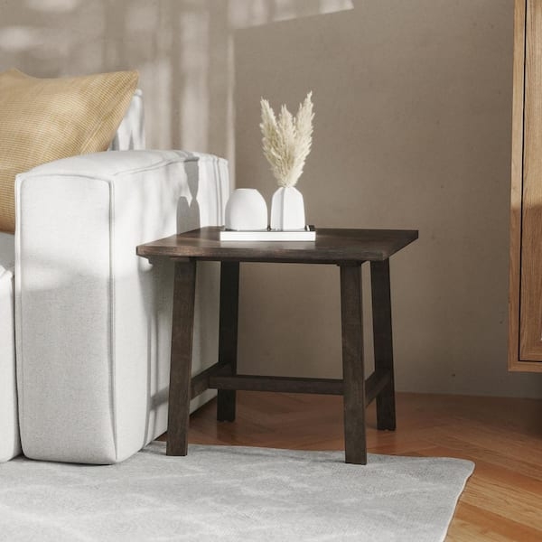 Square End Table Wood Toned Finish Block Legs Open Storage Shelf