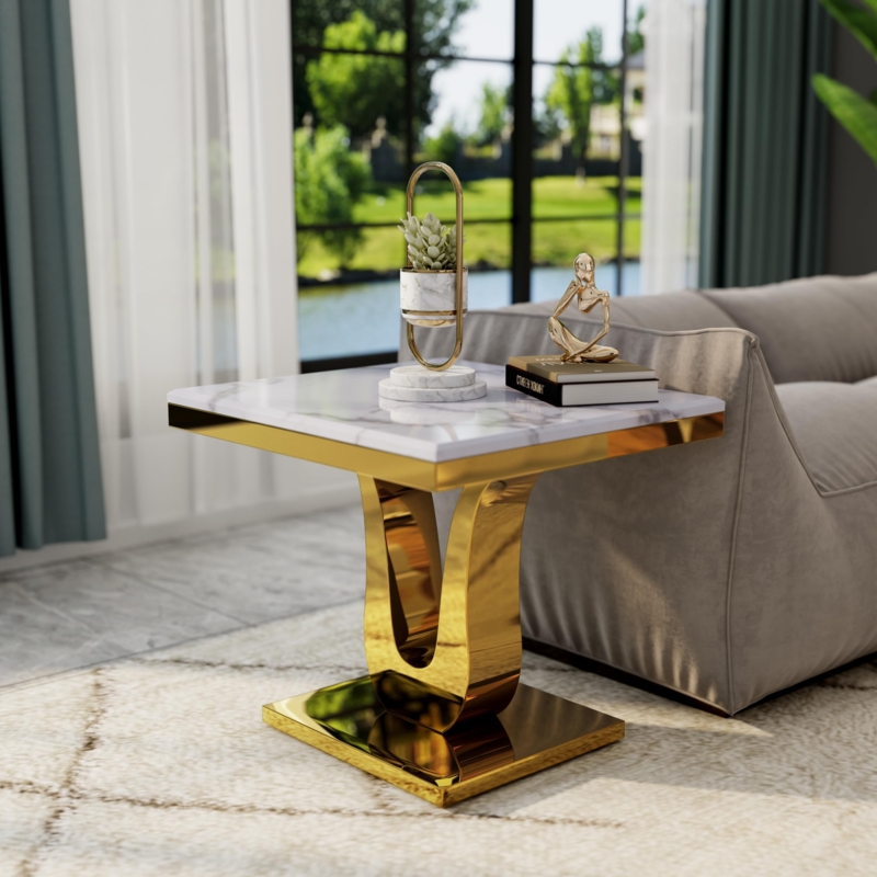 Square Glam End Table with White Top and Polished Gold U-Shaped Base