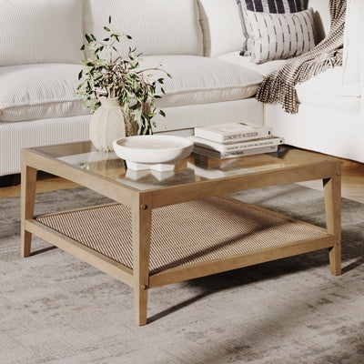 Square Glass Coffee Table with Solid Wood Legs & Rattan Shelf