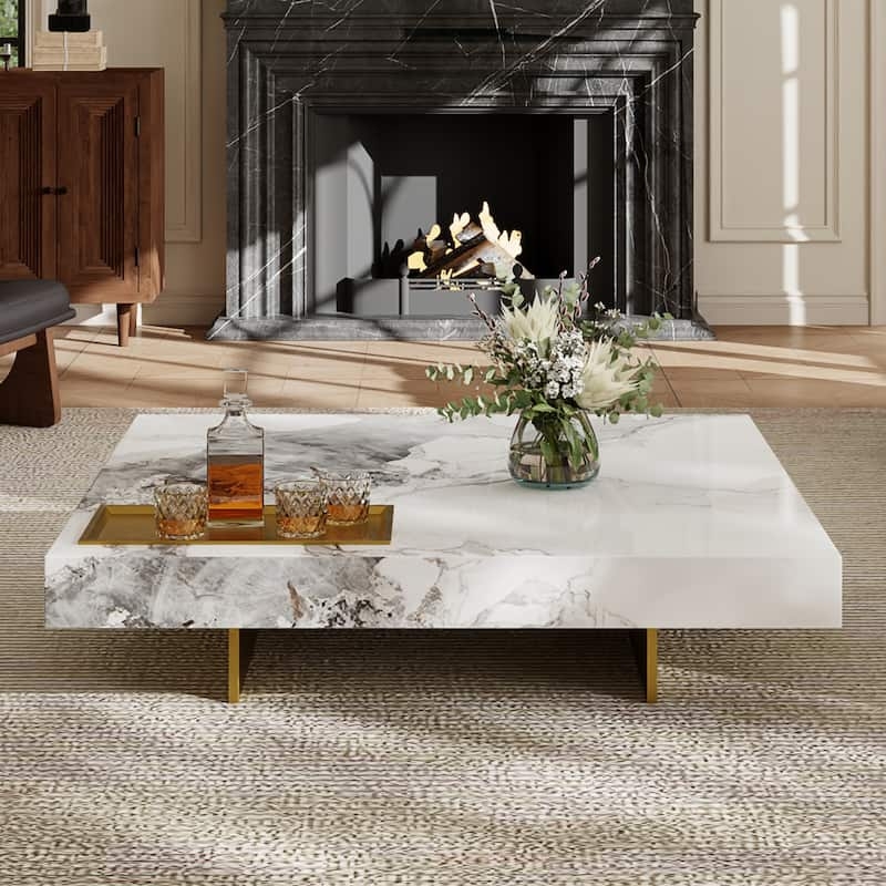 Square Glossy Sintered Stone Coffee Table with Recessed Black Pedestal