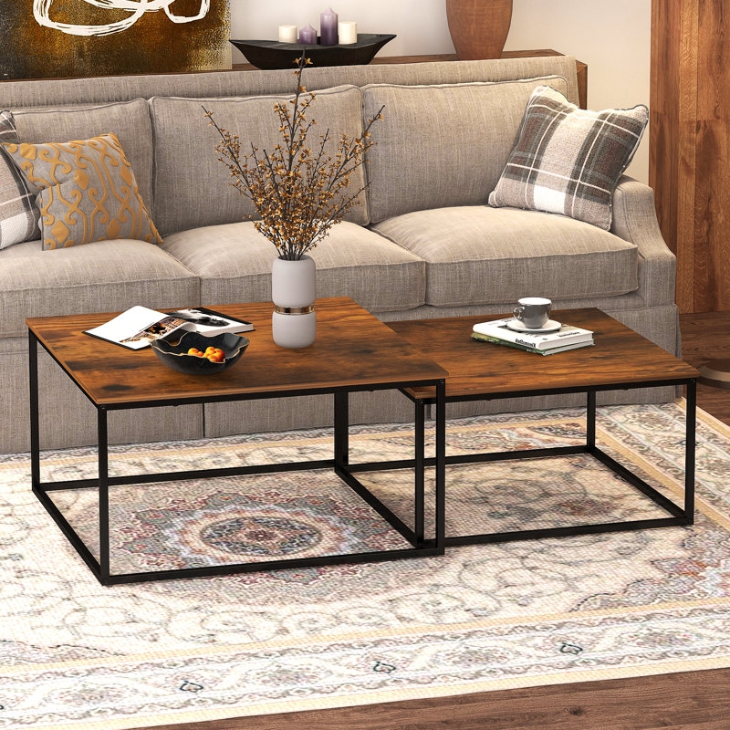 Square Industrial Nesting Table Set, Rustic Wood Toned Top, Metal Base