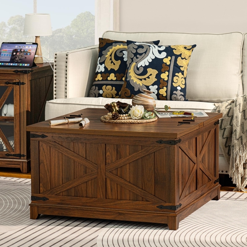 Square Lift-Top Coffee Table with Metal Corner Brackets and Storage