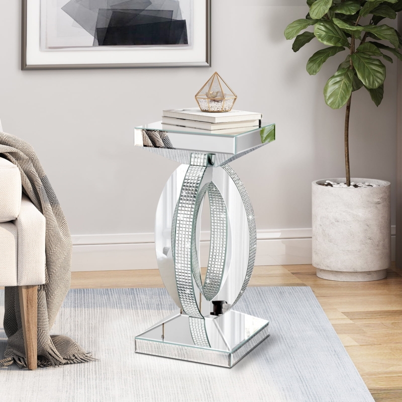 Square Mirrored End Table Geometric Pedestal Crystal Accent