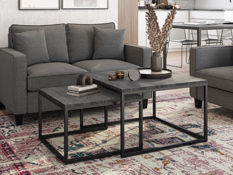 Square Nesting Coffee Table Set Grey Wood Metal Frame Modern