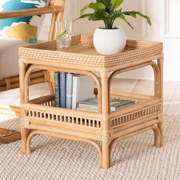 Square Rattan End Table Cubic Silhouette Braided Detail Woven Accent