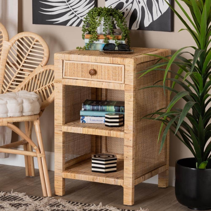 Square Rattan Nightstand with Open Shelf Natural Storage Table