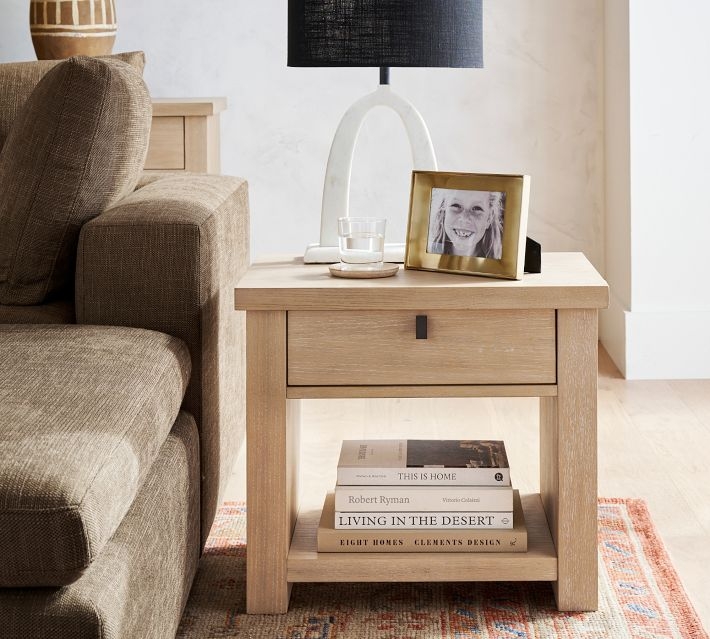 Square Side Table Fog Gray Wash Chunky Legs Lower Shelf Farmhouse