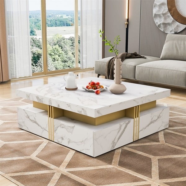 Square Storage Coffee Table with Four Drawers and Gold Metal Bars