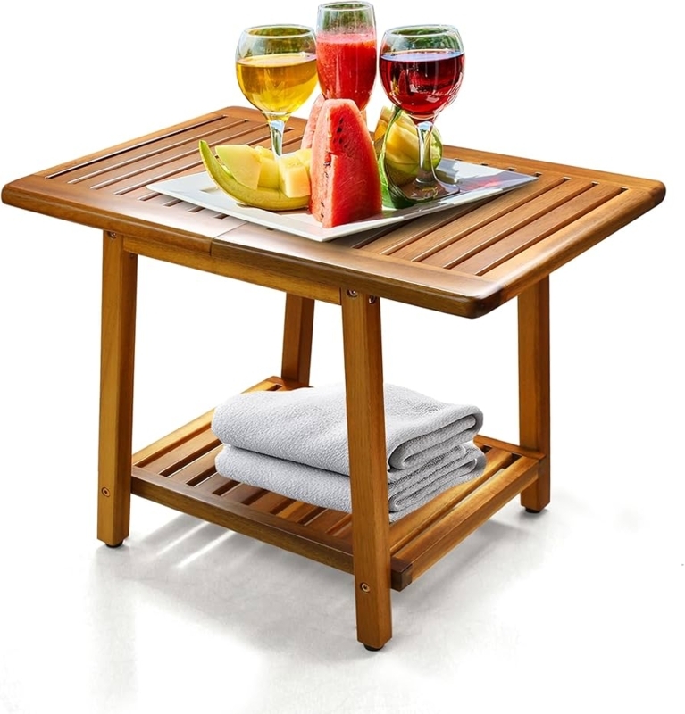 Square Teak Finish Outdoor Side Table Two-Tier Slatted Patio End