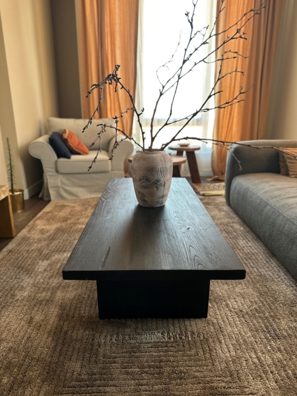 Square Wood Coffee Table Chunky Legs Matte Black Finish