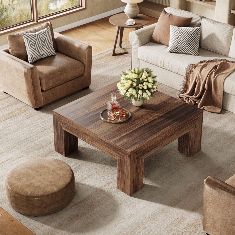 Square Wood Coffee Table Lower Shelf Block Legs Dark Brown