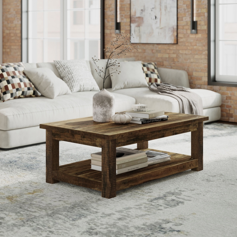 Square Wood Coffee Table with Shelf, Natural Finish Modern Farmhouse Style