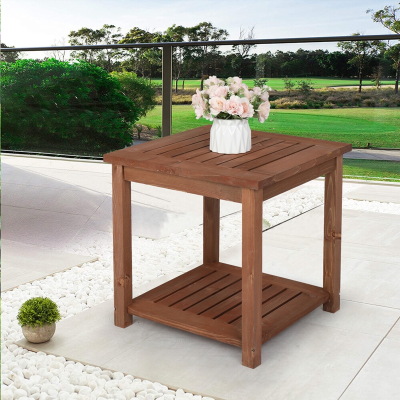 Square Wood End Table with Slatted Sides and Lower Shelf