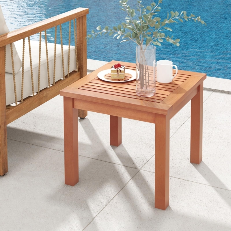 Square Wood Outdoor Side Table with X-Base and Angled Legs