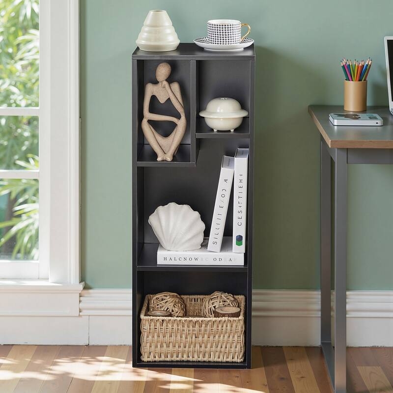 Staggered Black Bookshelf Asymmetrical Shelving Open Back Four Tier
