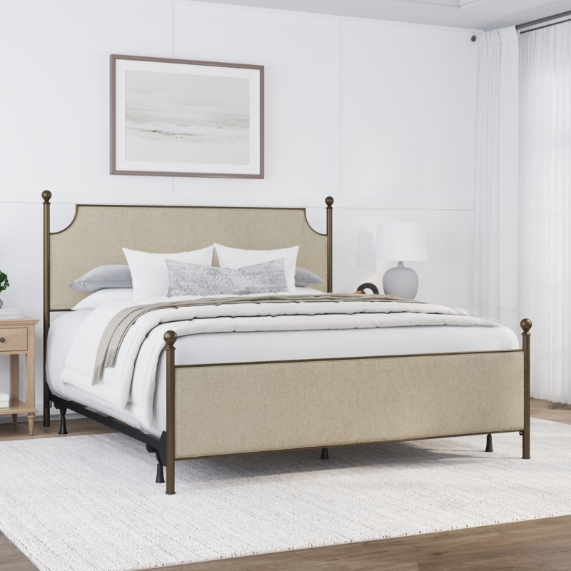 Standard Bed Oil Bronze Finish Farmhouse Upholstered Bed Styling