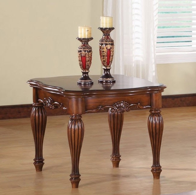 Stone-Like Top End Table with Ornate Apron Carvings in Cherry