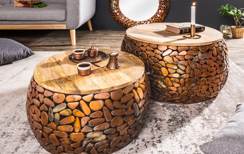 Stone Mosaic Top Coffee Table Set Copper Drum Nesting Design