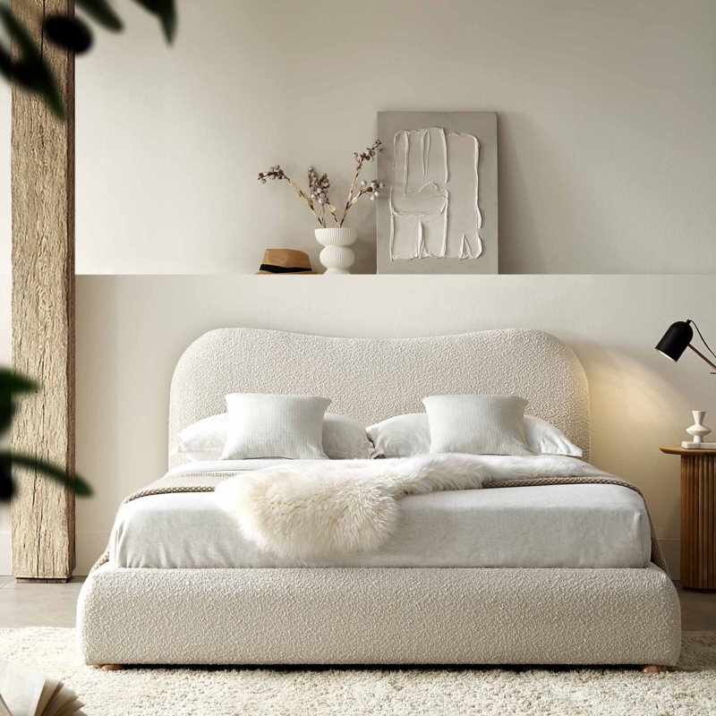 Storage Bed Beige Boucle Texture with Curved Winged Headboard