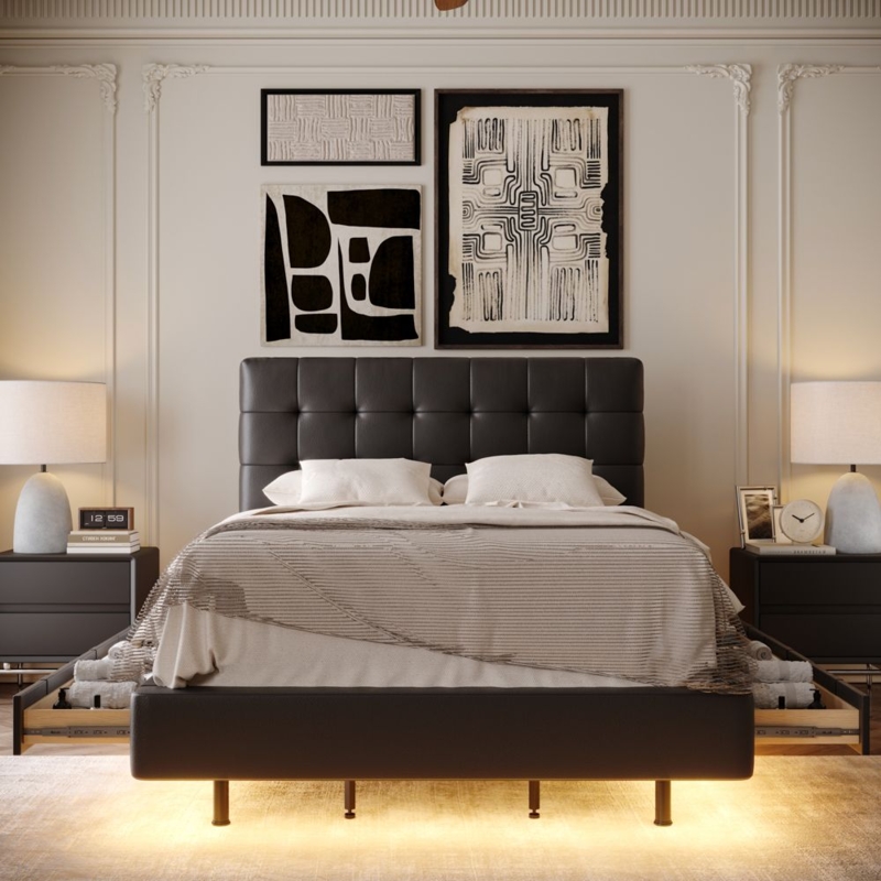 Storage Bed Black Integrated LED Lighting Channel Tufting Drawers