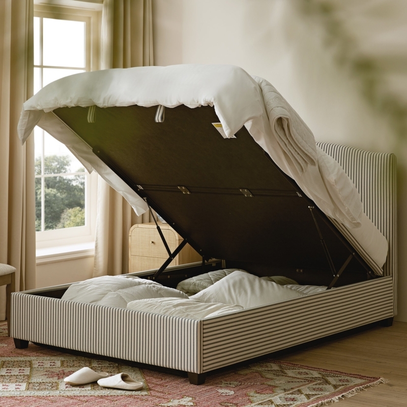 Storage Bed, Blue Ticking Stripe Linen-Blend with Hydraulic Lift