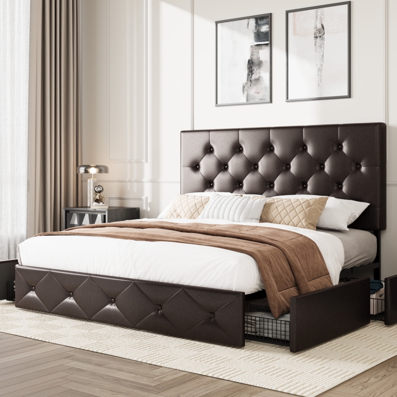 Storage Bed Brown Faux Leather Button Tufted 4 Drawers