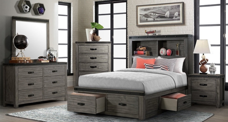 Storage Bed Charcoal Grey Bookcase Headboard Built-in Lighting Modern