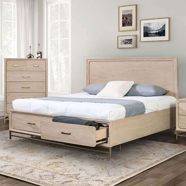 Storage Bed Footboard Drawers Spindle Headboard Light Oak Mid Century