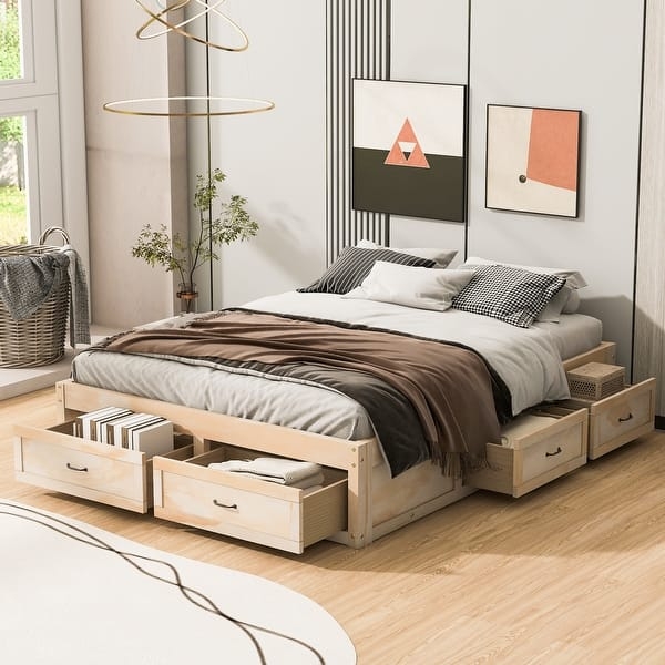 Storage Bed, Headboardless with Six Drawers, Blonde Wood Finish