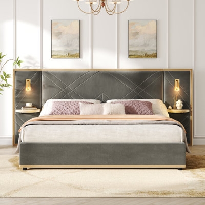 Storage Bed: Modern Charcoal Wingback with Integrated LED Lighting