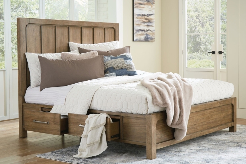 Storage Bed Modern Farmhouse Light Brown Integrated LED Lighting