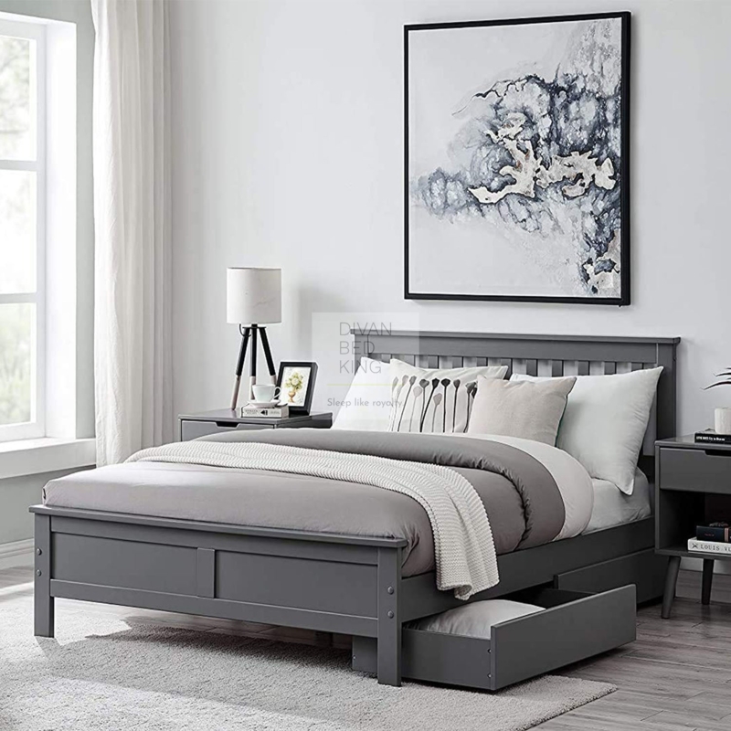 Storage Bed Painted Grey Finish Slatted Headboard Integrated Drawers