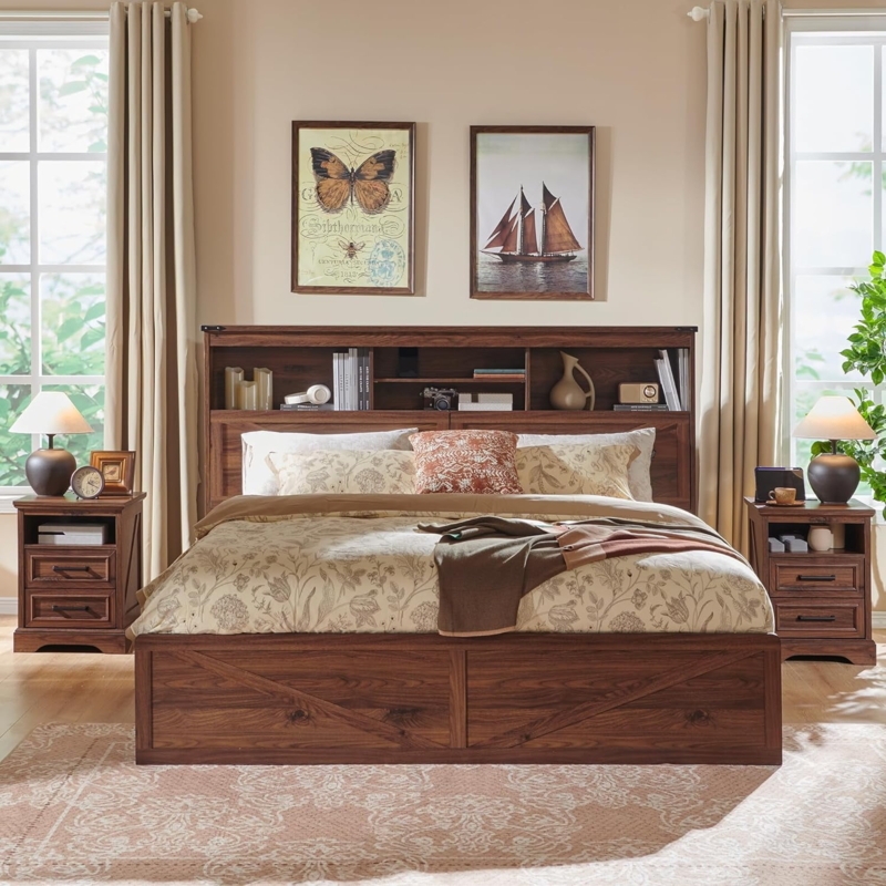 Storage Bed Rustic Wood Bookcase Headboard with Integrated LEDs
