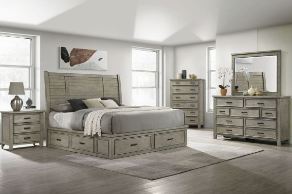 Storage Bed Set Featuring Paneled Headboard and Wood Grain Finish
