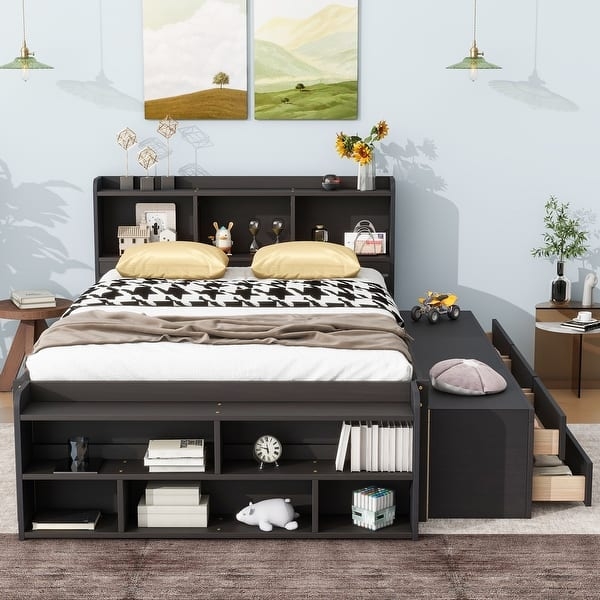 Storage Bed Six Storage Drawers Bookcase Headboard Functional Matte