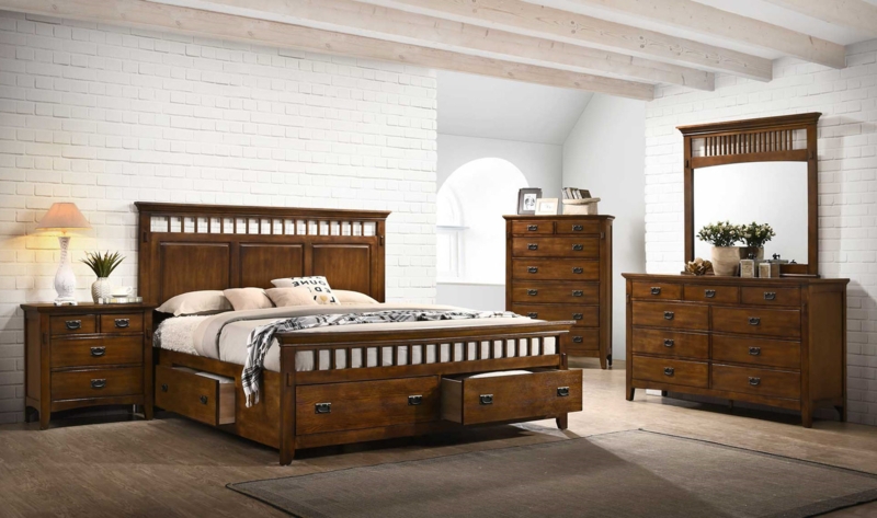 Storage Bed Suite with Planked Headboard in Dark Wood Finish