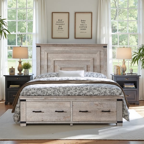 Storage Bed Tall Headboard Reclaimed Barnwood Finish, Reclaimed Wood